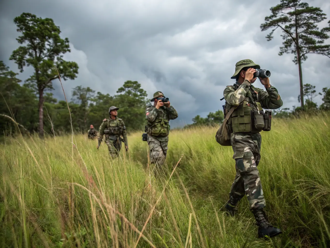 A close-up shot of a ranger patrolling a forest area, equipped with anti-poaching gear. The image highlights the dedication and vigilance required to protect wildlife from illegal activities.