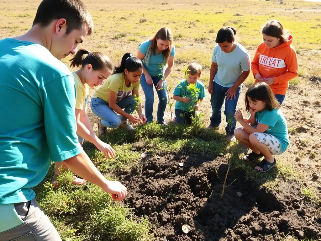 A serene image of a group of volunteers planting trees in a deforested area, symbolizing habitat restoration efforts by LES ROSIERES DES MOULINARDS.