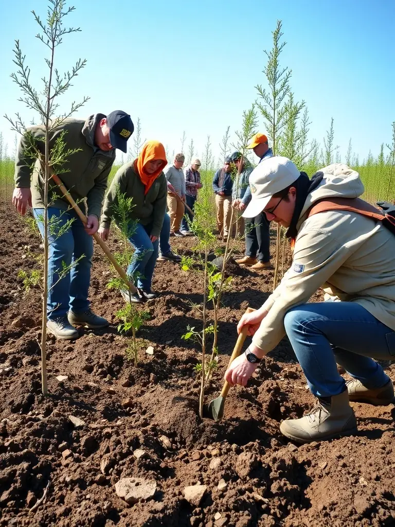 A photograph showing volunteers planting trees in a deforested area, symbolizing habitat restoration efforts by LES ROSIERES DES MOULINARDS.