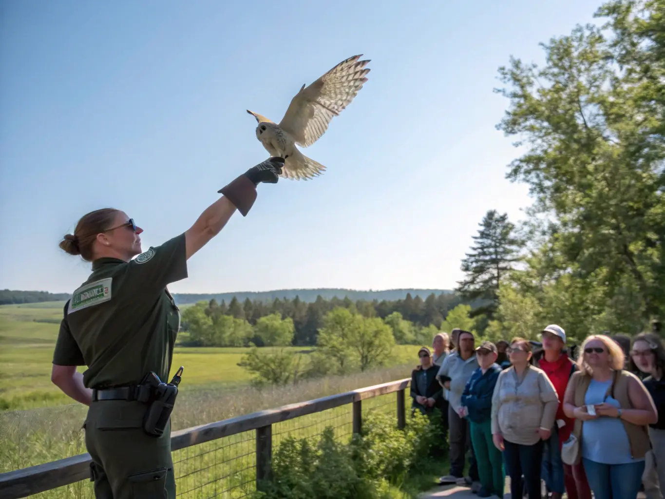 A photograph capturing a group of volunteers releasing a rehabilitated owl back into its natural habitat in the French countryside. The image conveys hope and the positive impact of wildlife rehabilitation programs.