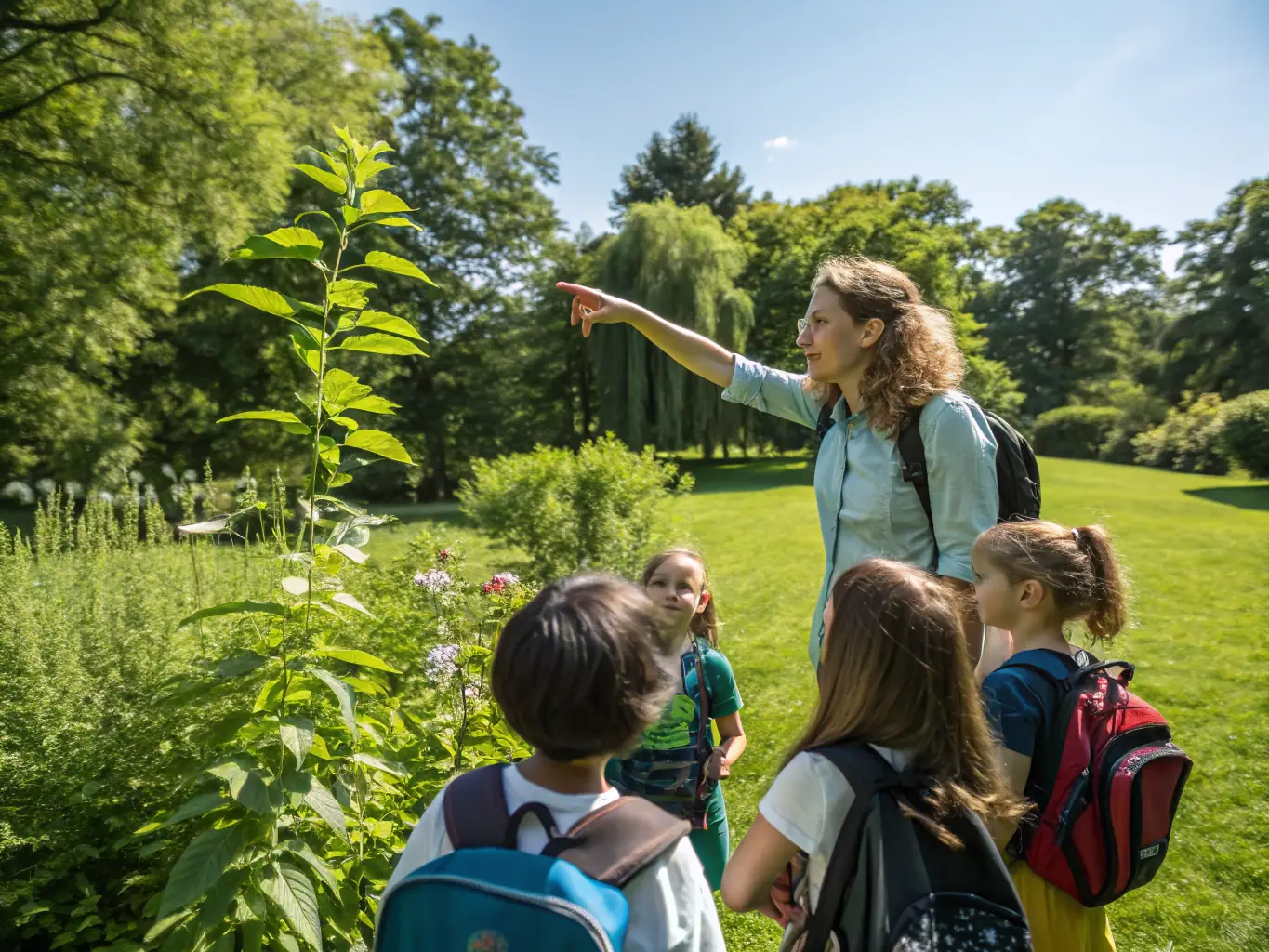 An educational image of a conservationist leading a workshop on environmental awareness for local school children, highlighting LES ROSIERES DES MOULINARDS' dedication to community engagement.