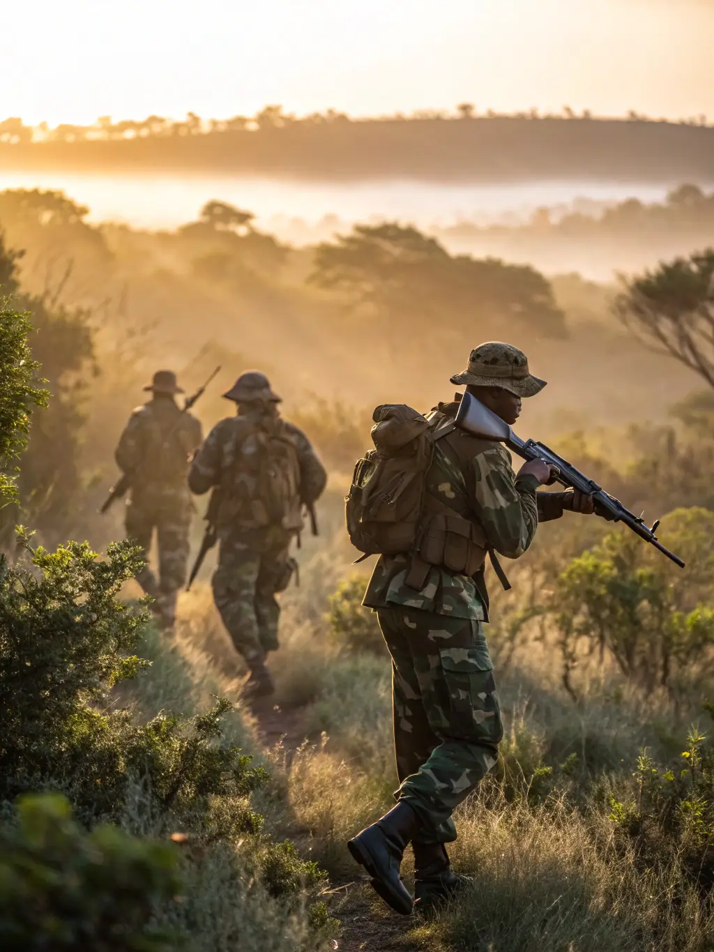 An image of rangers patrolling a protected area, highlighting the anti-poaching efforts undertaken by LES ROSIERES DES MOULINARDS.