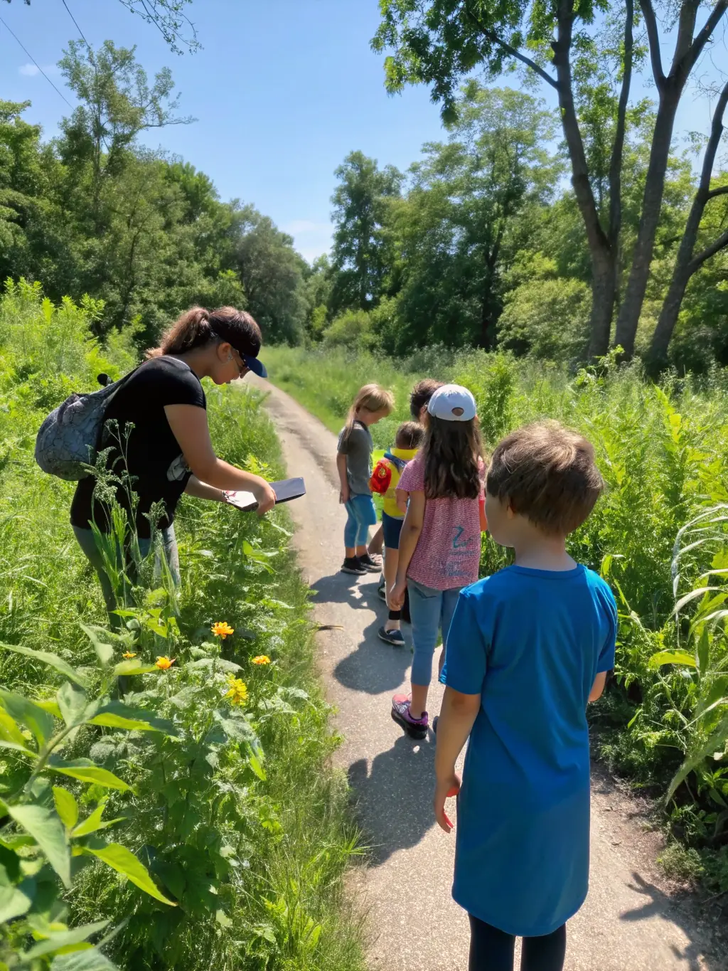 A group of students participating in an educational workshop about local biodiversity, emphasizing the importance of environmental awareness.