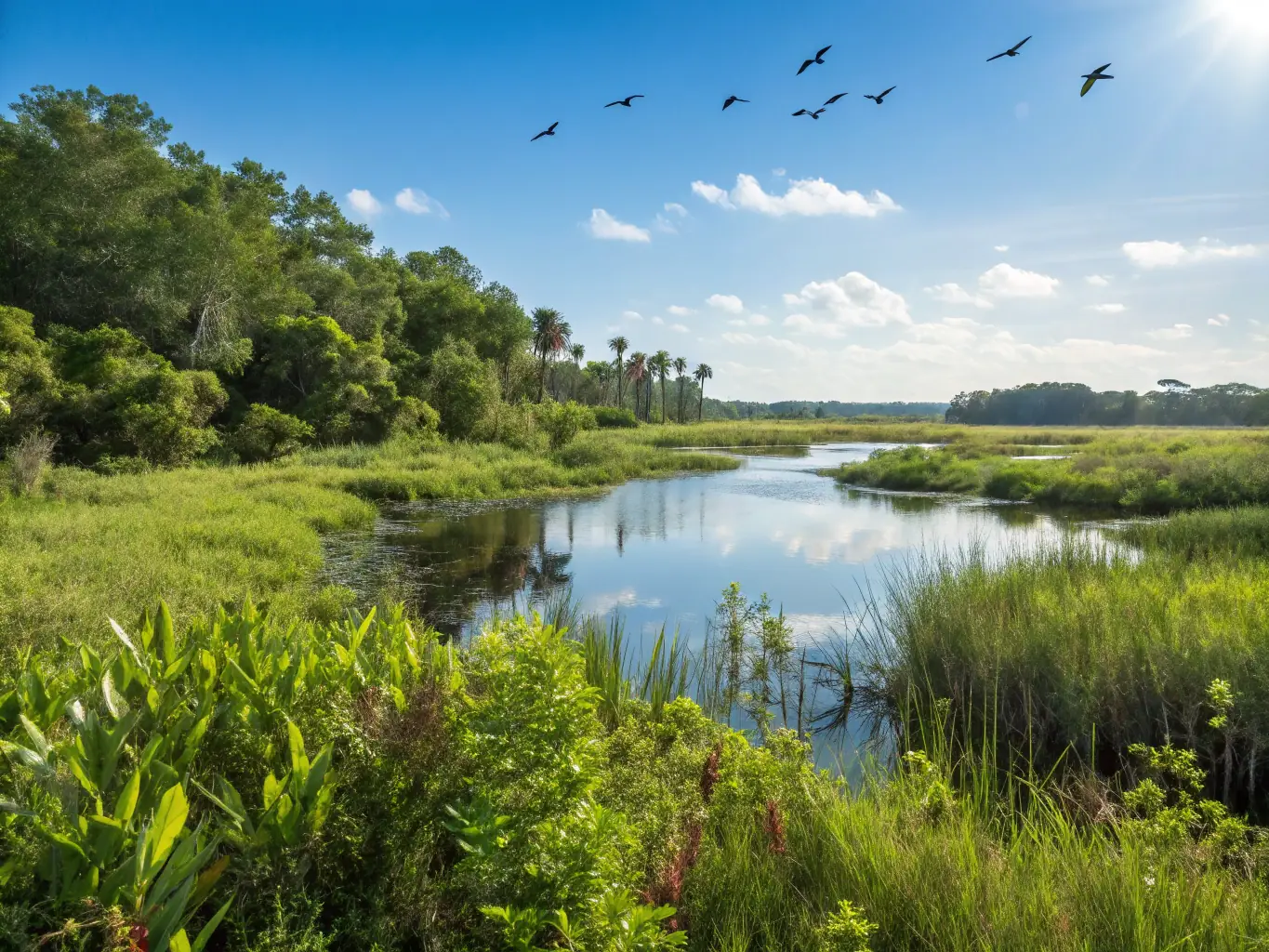 A scenic shot of a protected wetland area, showcasing diverse bird species and lush vegetation. The image emphasizes the importance of habitat preservation for maintaining ecological balance.